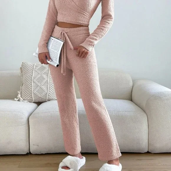 Baby Pink Preppy Womens Surplice Neck Crop Sweater & Drawstring Waist Knit Pants - Picture 5 of 5